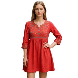 Red Short Belle Sleeve Floral Sundress Embroidered Babydoll Mini Dress